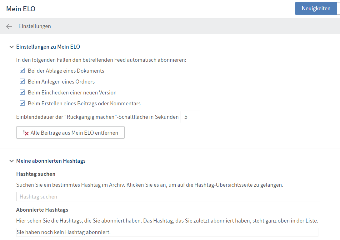 Bereich 'Einstellungen'; Einstellungen zu 'Mein ELO'