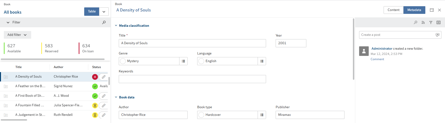 Entry selected in the table