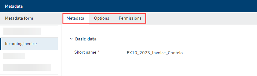 Tabs in the 'Metadata' dialog box
