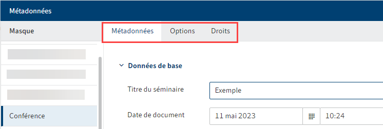 Onglets dans le dialogue 'Métadonnées'