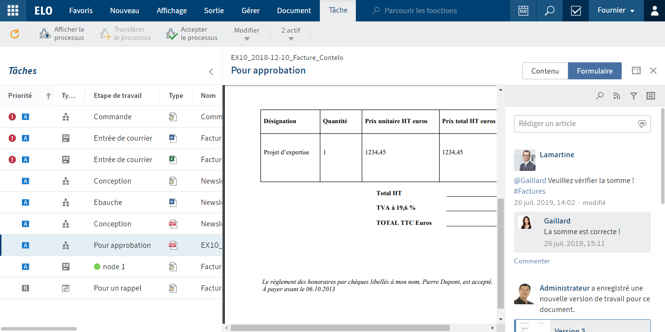 Tâche avec section d'affichage