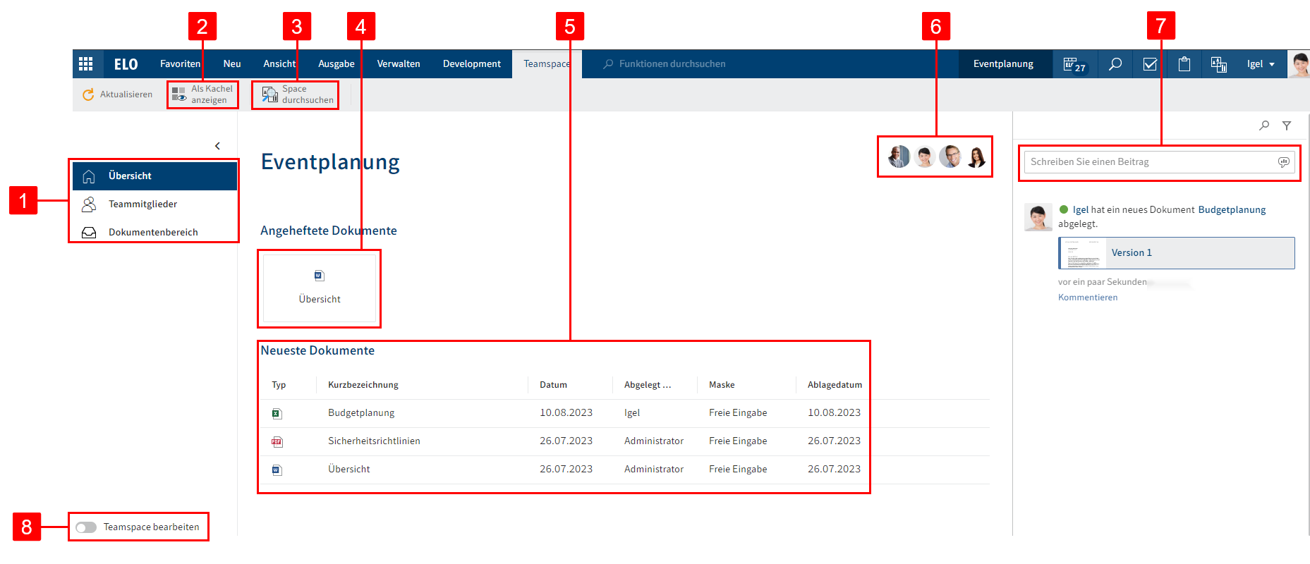 Übersicht des Teamspace 'Eventplanung'