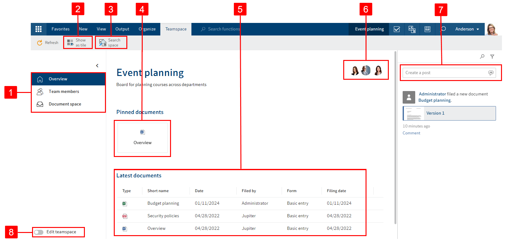 Overview of the 'Event planning' teamspace