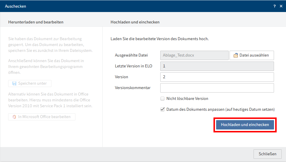 Dialog 'Hochladen und einchecken' mit ausgewähltem Dokument