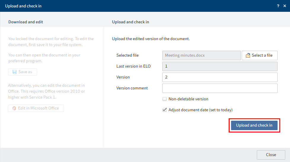 'Upload and check in' dialog box with selected document