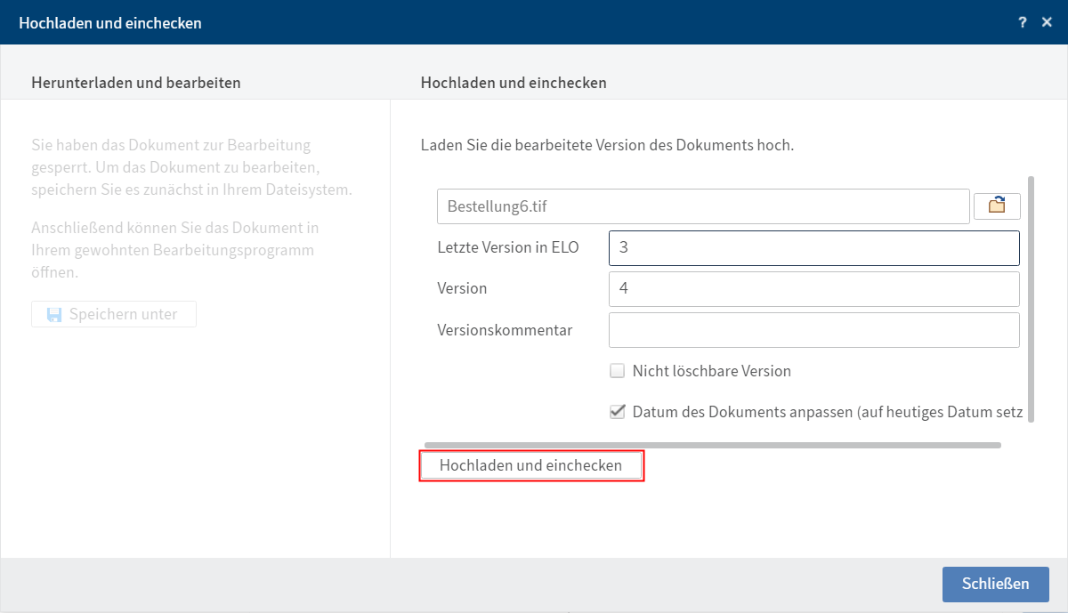 Dialog 'Hochladen und einchecken' mit ausgewähltem Dokument
