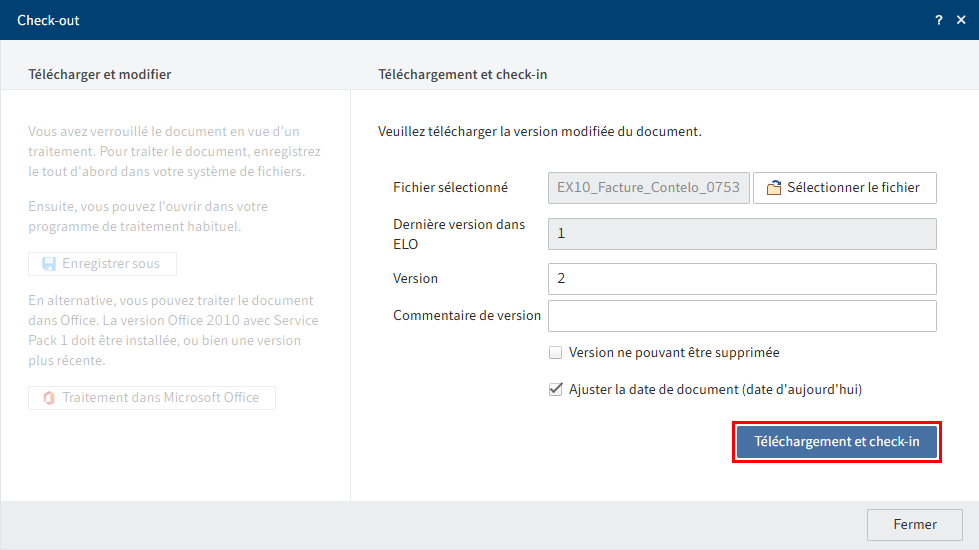 Dialogue 'Chargement et check-in' avec document sélectionné