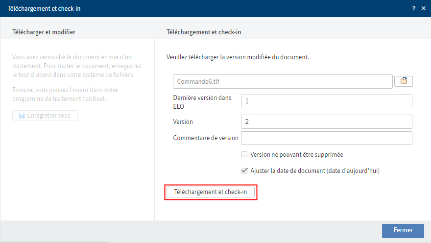 Dialogue 'Chargement et check-in' avec document sélectionné