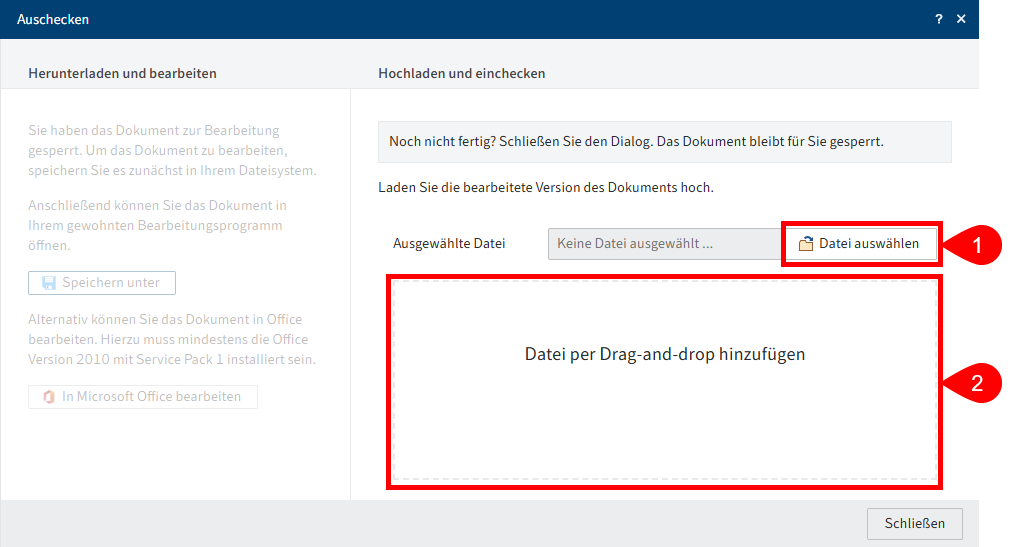 Dialog 'Hochladen und einchecken'