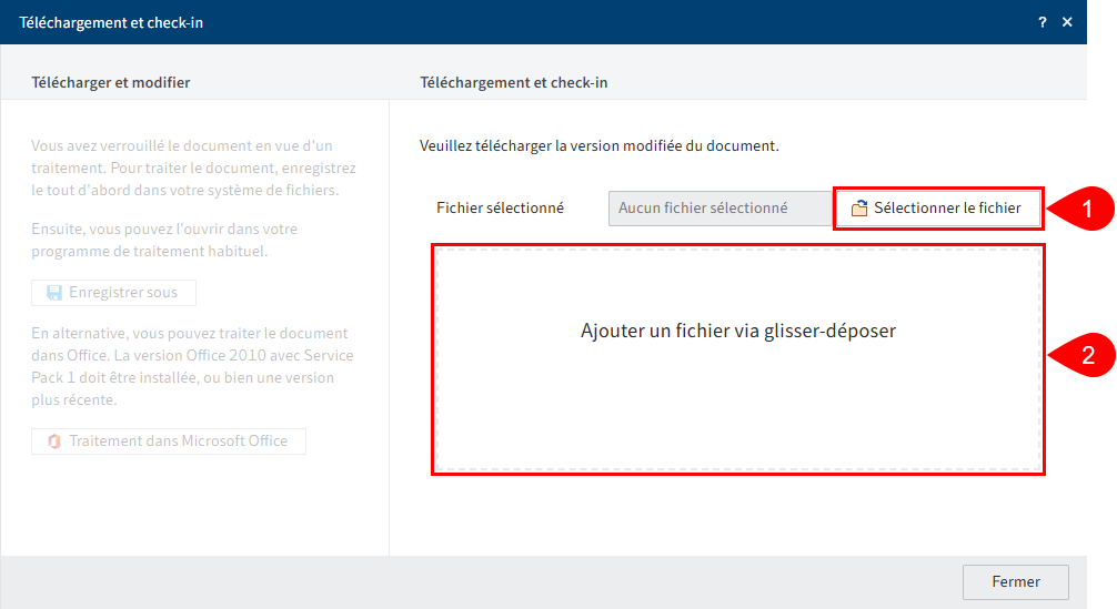Dialogue 'Téléchargement et check-in'