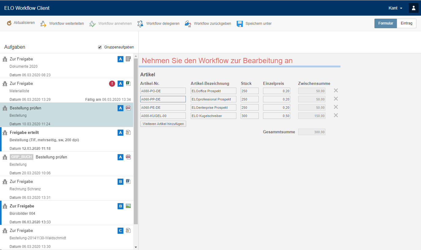 Ansicht 'Workflow annehmen'