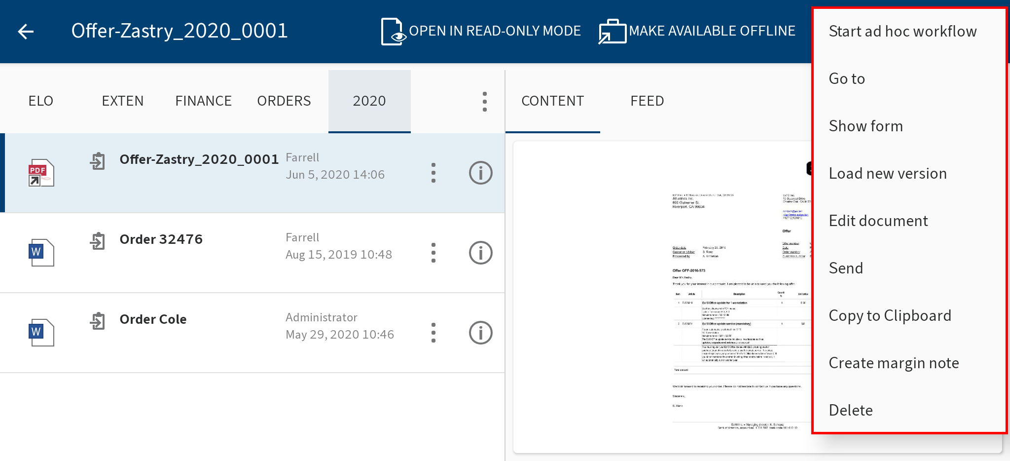 'Additional functions' drop-down menu