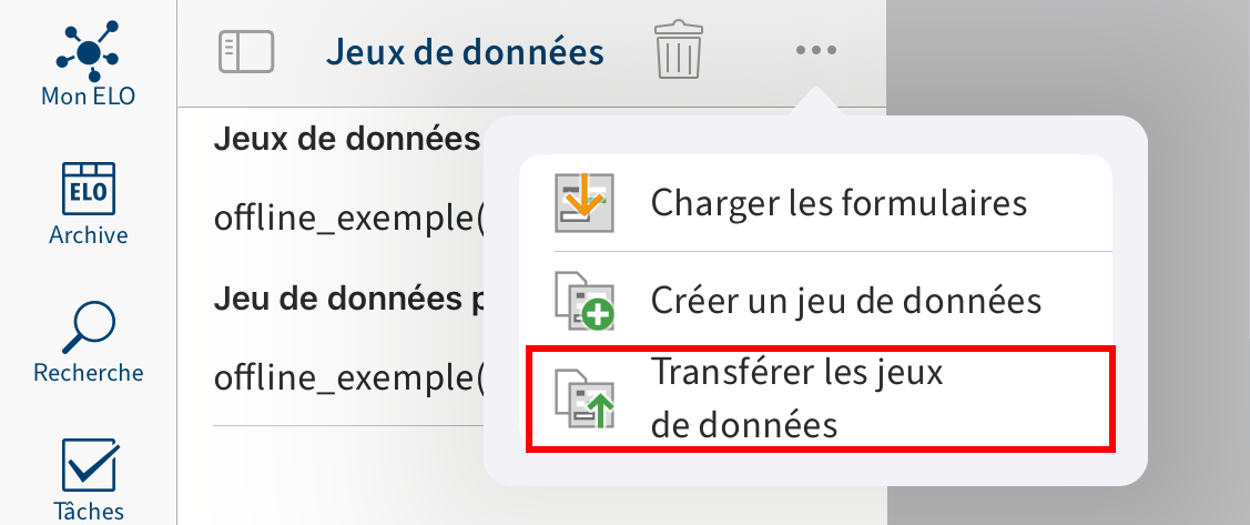 Bouton 'Transférer les jeux de données'