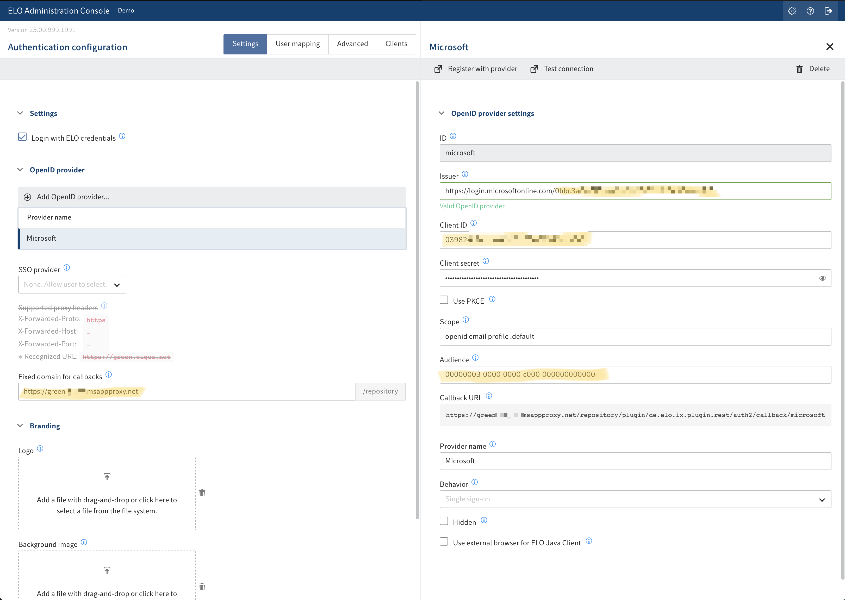 ELO Administration Console Einstellungen für Auth2