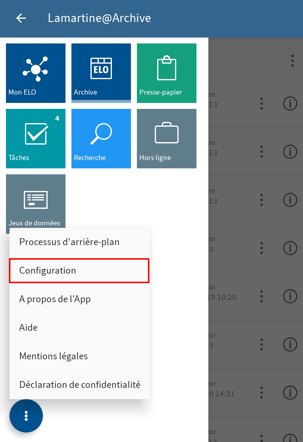 Bouton 'Configuration' dans le menu contextuel de la section des tuiles