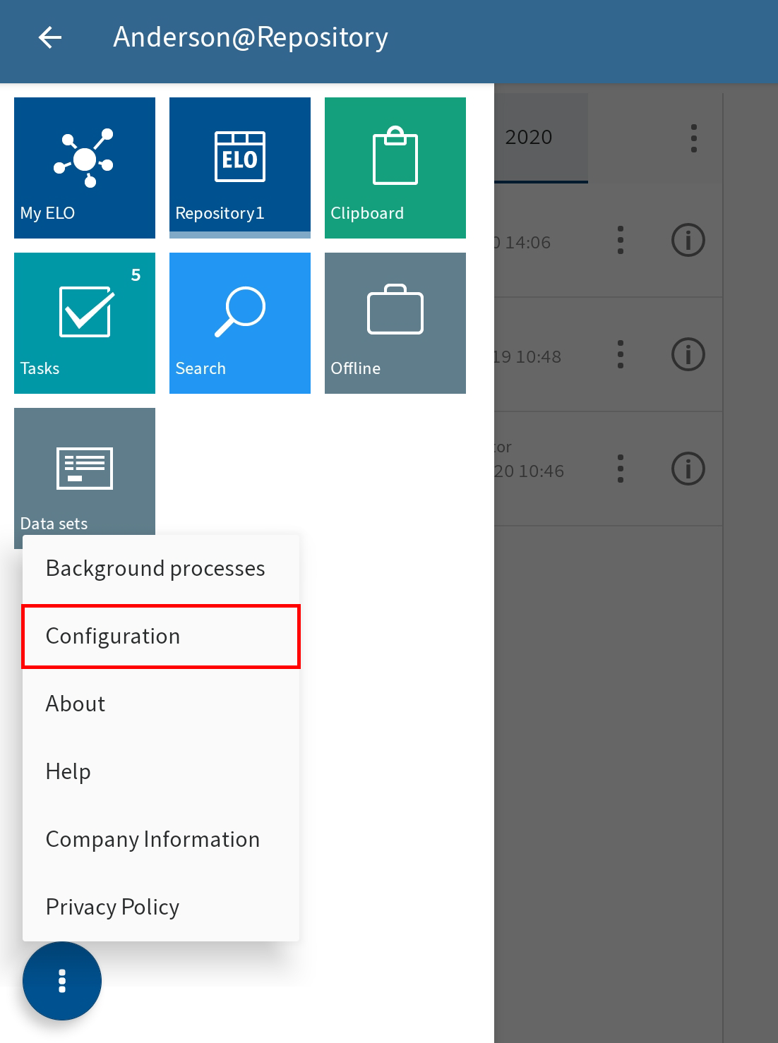 'Configuration' button in the tile navigation context menu