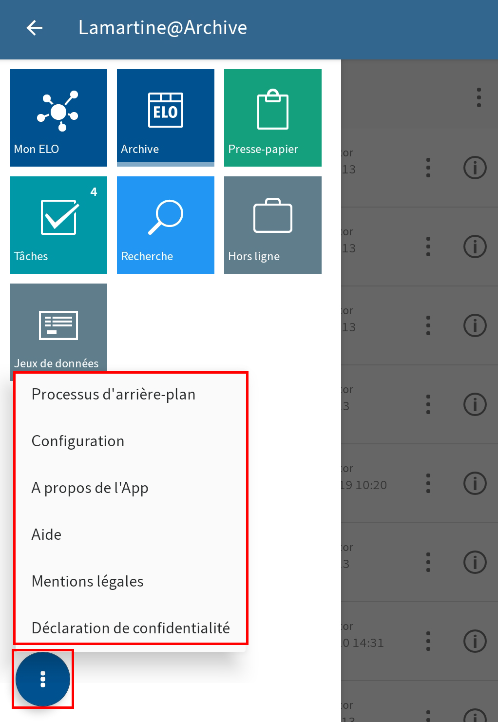 Menu contextuel dans la section des tuiles