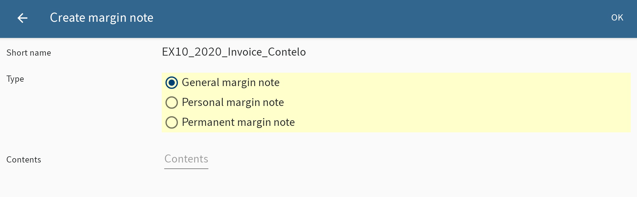 'Create margin note' dialog box