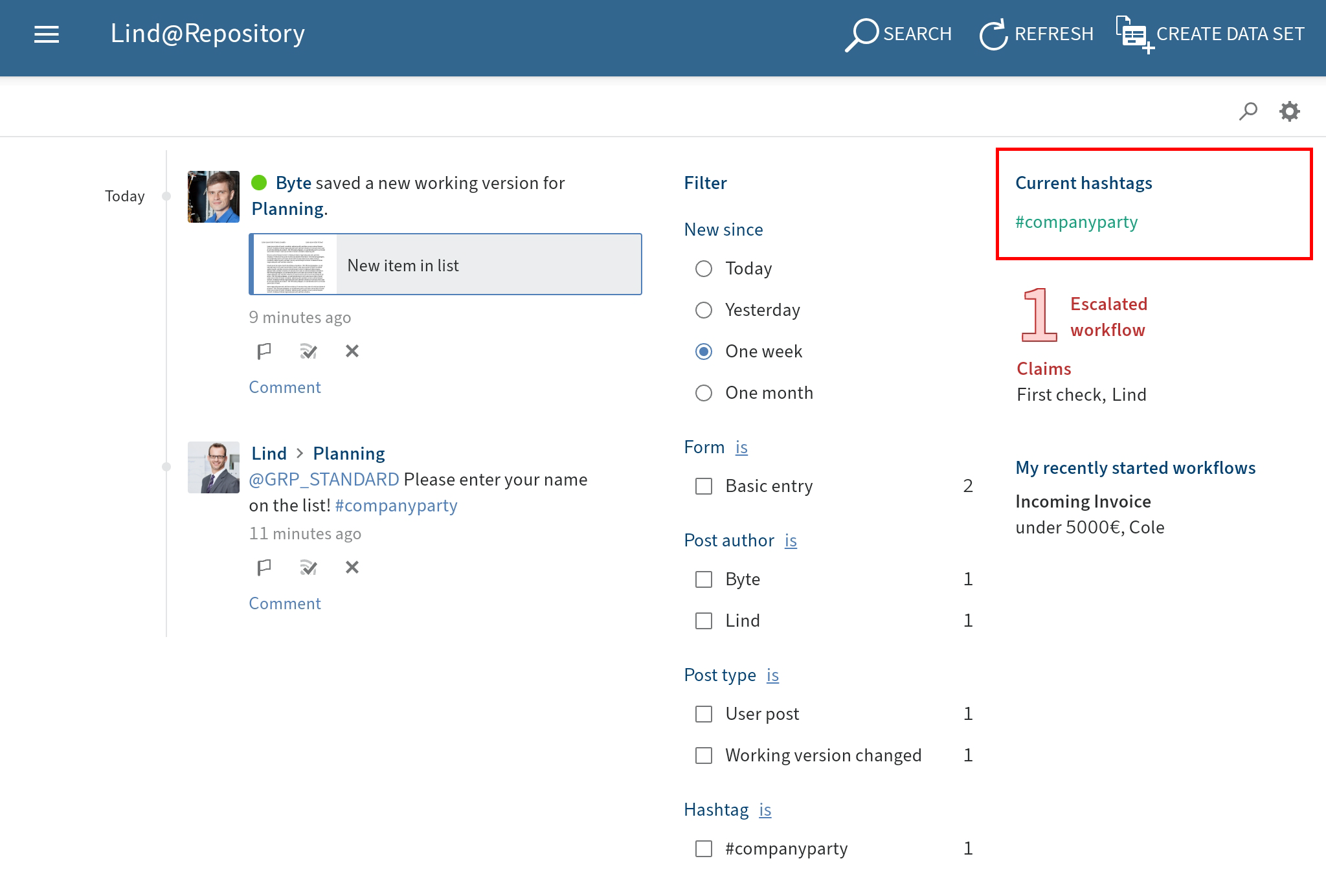 Current hashtags in the 'My ELO' work area