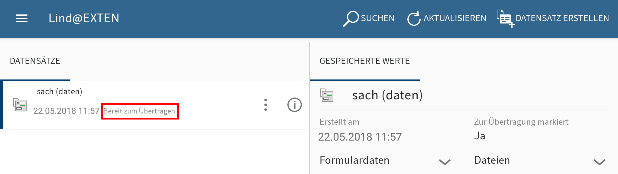 Datensatz mit Status 'Bereit zum Übertragen'