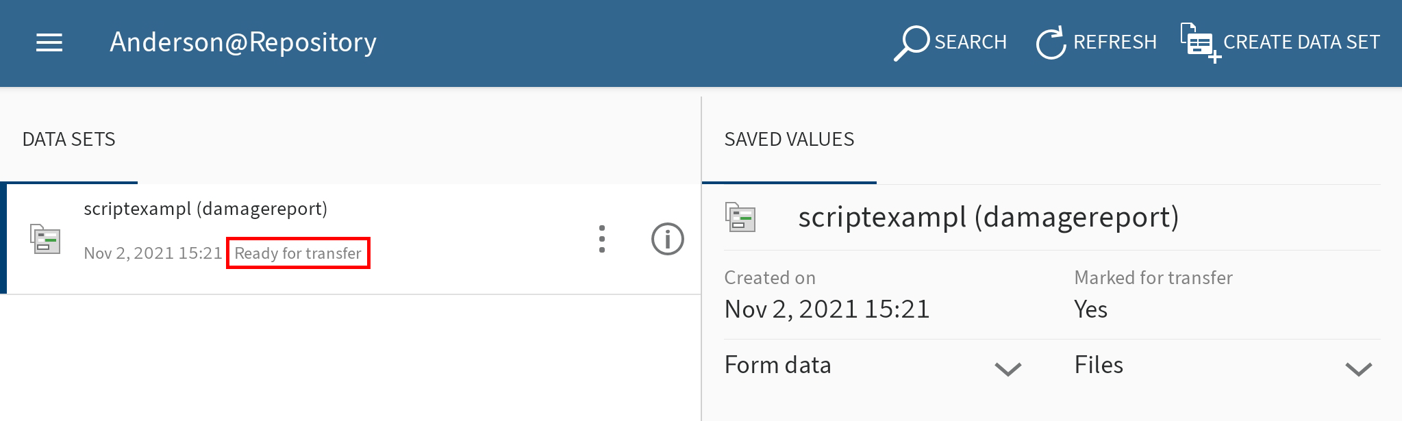 Data set with 'Ready for transfer' status