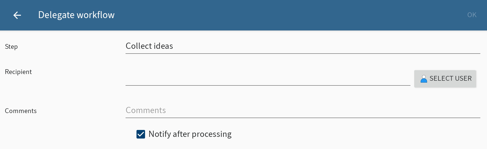 'Delegate workflow' dialog box