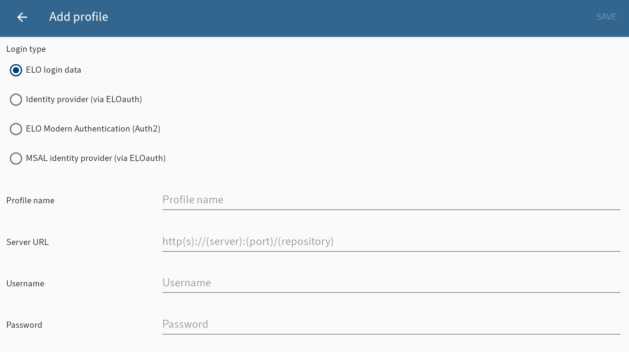 'Add profile' dialog box, ELO login data