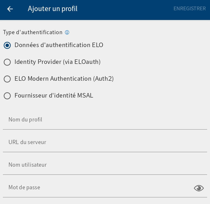 Ajouter le dialogue Profil, données d'authentification ELO