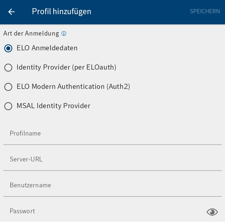 Dialog Profil hinzufügen, ELO Anmeldedaten