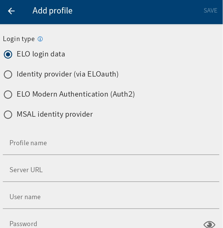 'Add profile' dialog box, ELO login data