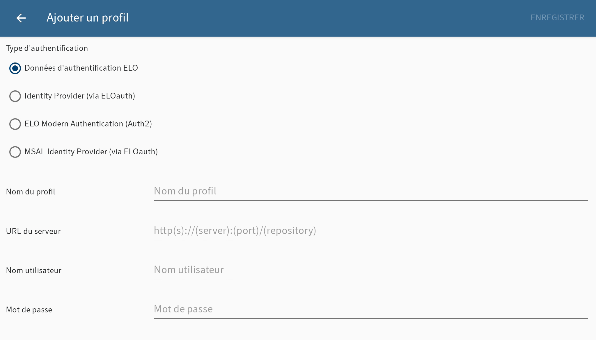 Ajouter le dialogue Profil, données d'authentification ELO