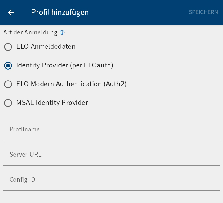 Dialog Profil hinzufügen, Identity Provider (per ELOauth)