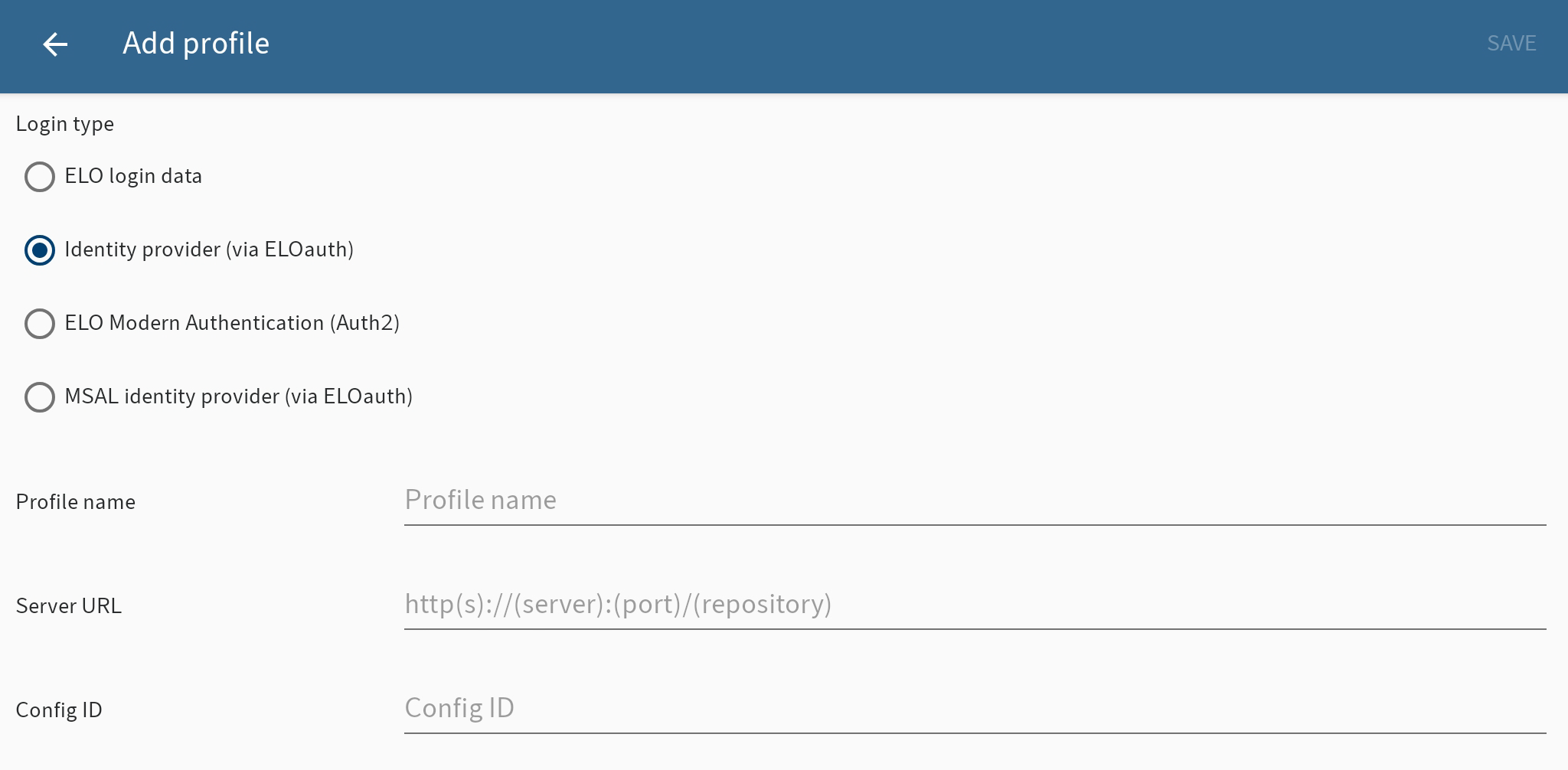 'Add profile' dialog box, Identity provider (via ELOauth)