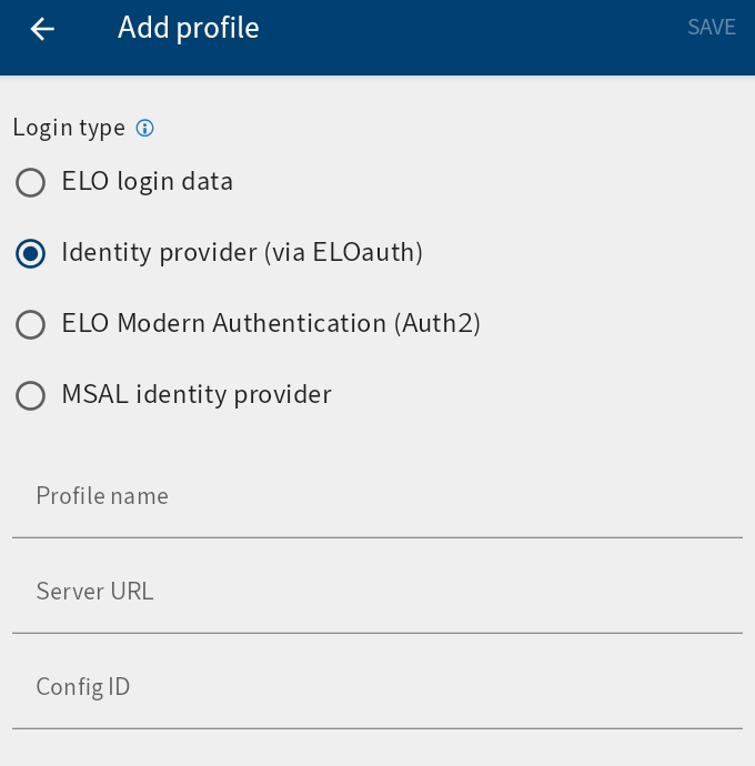 'Add profile' dialog box, Identity provider (via ELOauth)