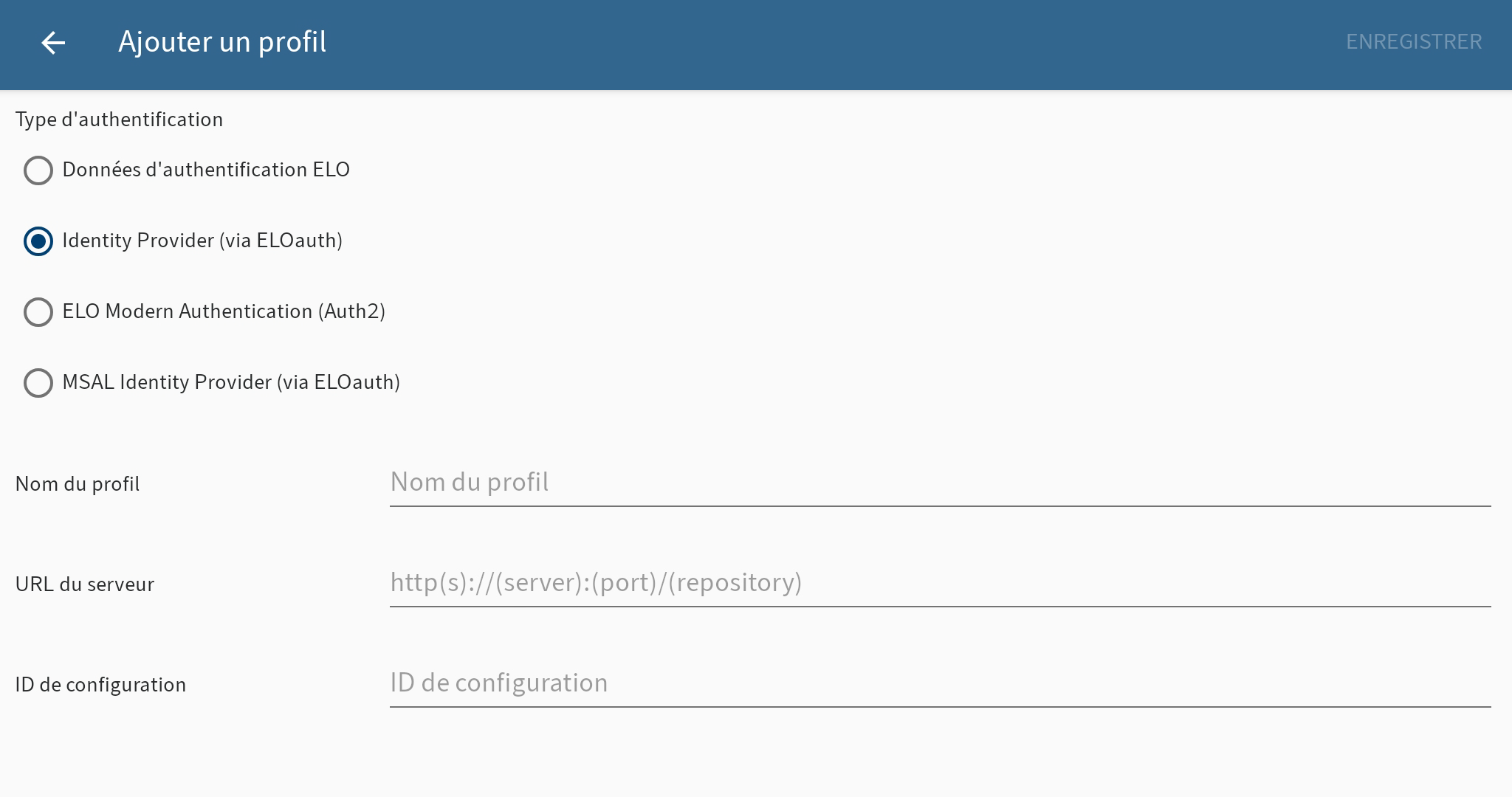 Ajouter le dialogue Profil, Identity Provider (via ELOauth)
