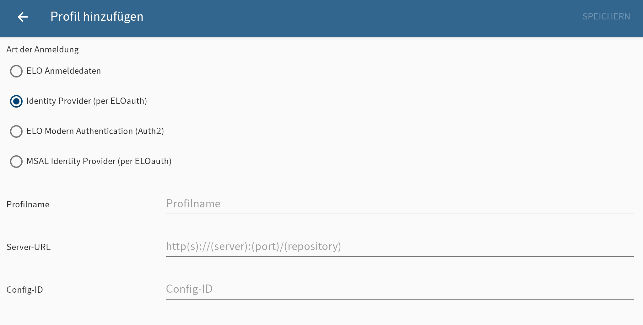 Dialog Profil hinzufügen, Identity Provider (per ELOauth)