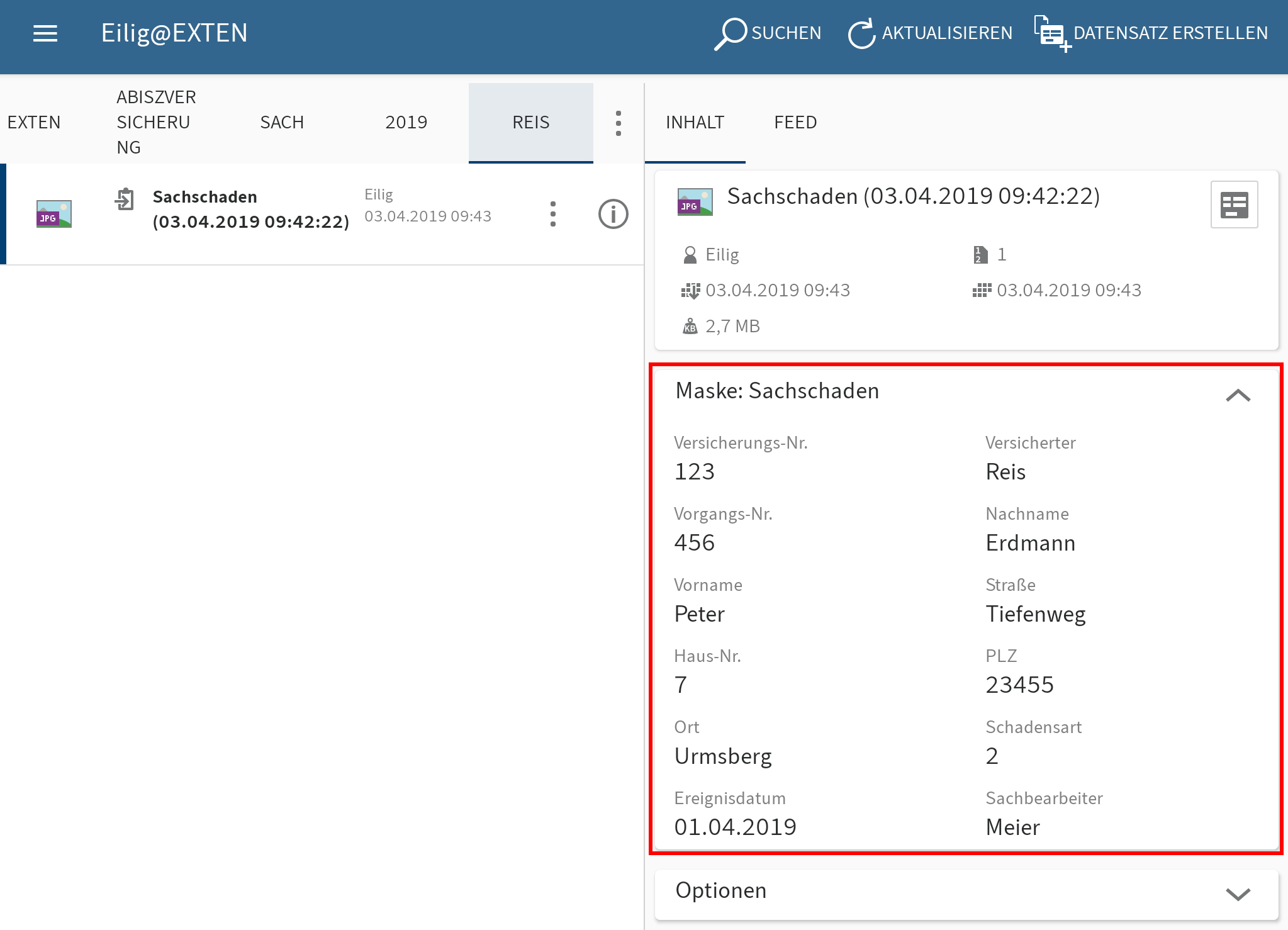 Gespeicherte Informationen zu einem Datensatz im Funktionsbereich 'Ablage'