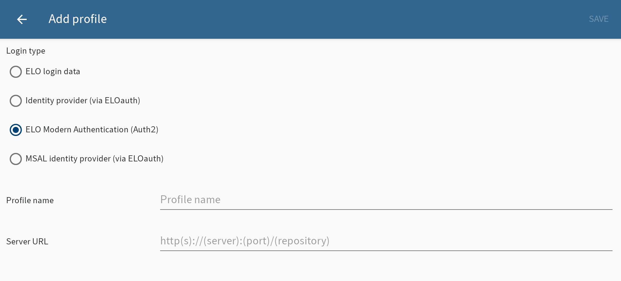 'Add profile' dialog box, ELO Modern Authentication (Auth 2)