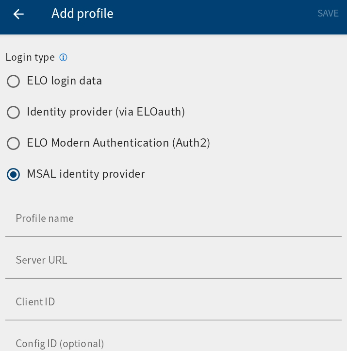 'Add profile' dialog box, MSAL identity provider