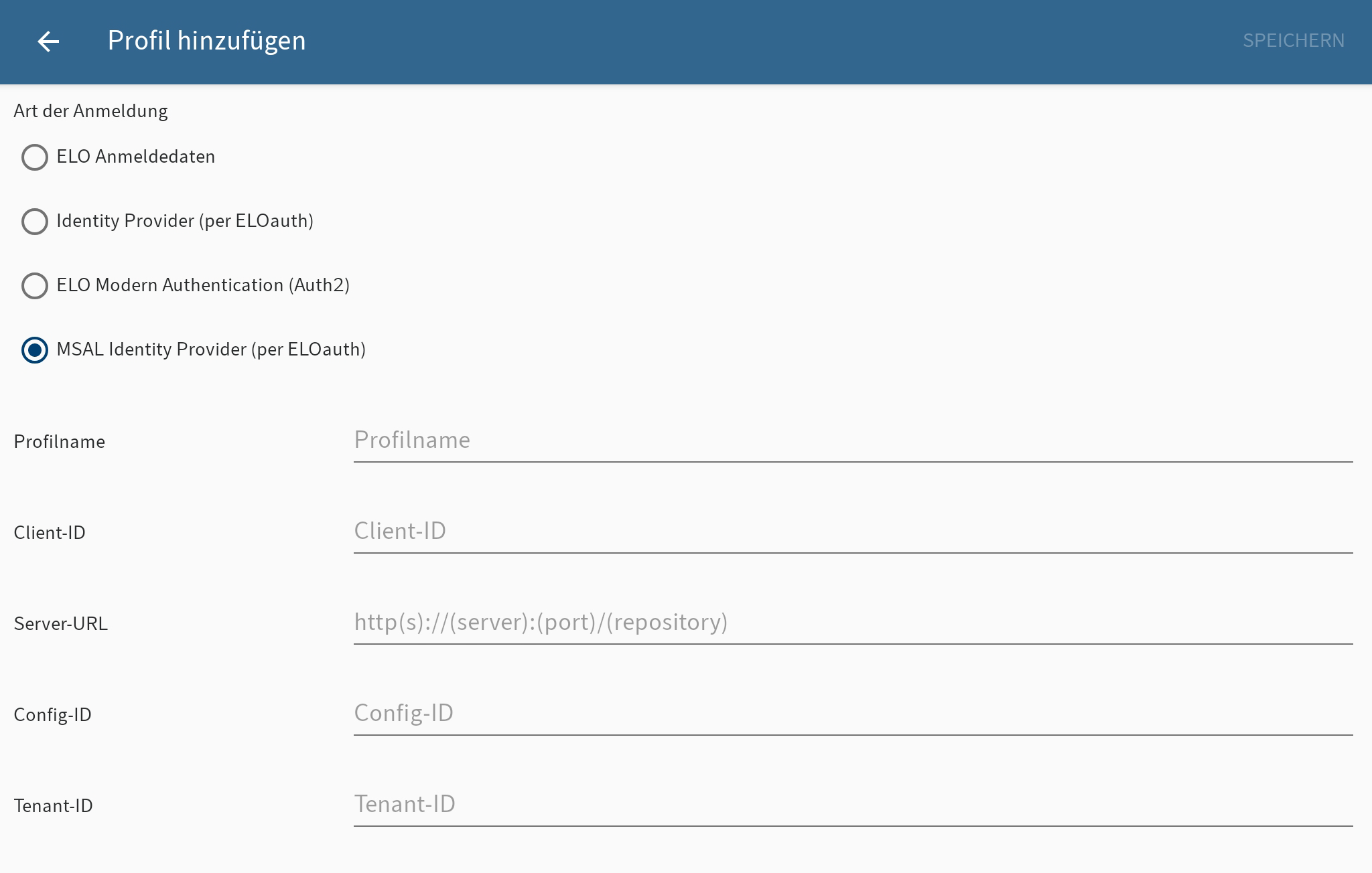 Dialog Profil hinzufügen, MSAL Identity Provider (per ELOauth)