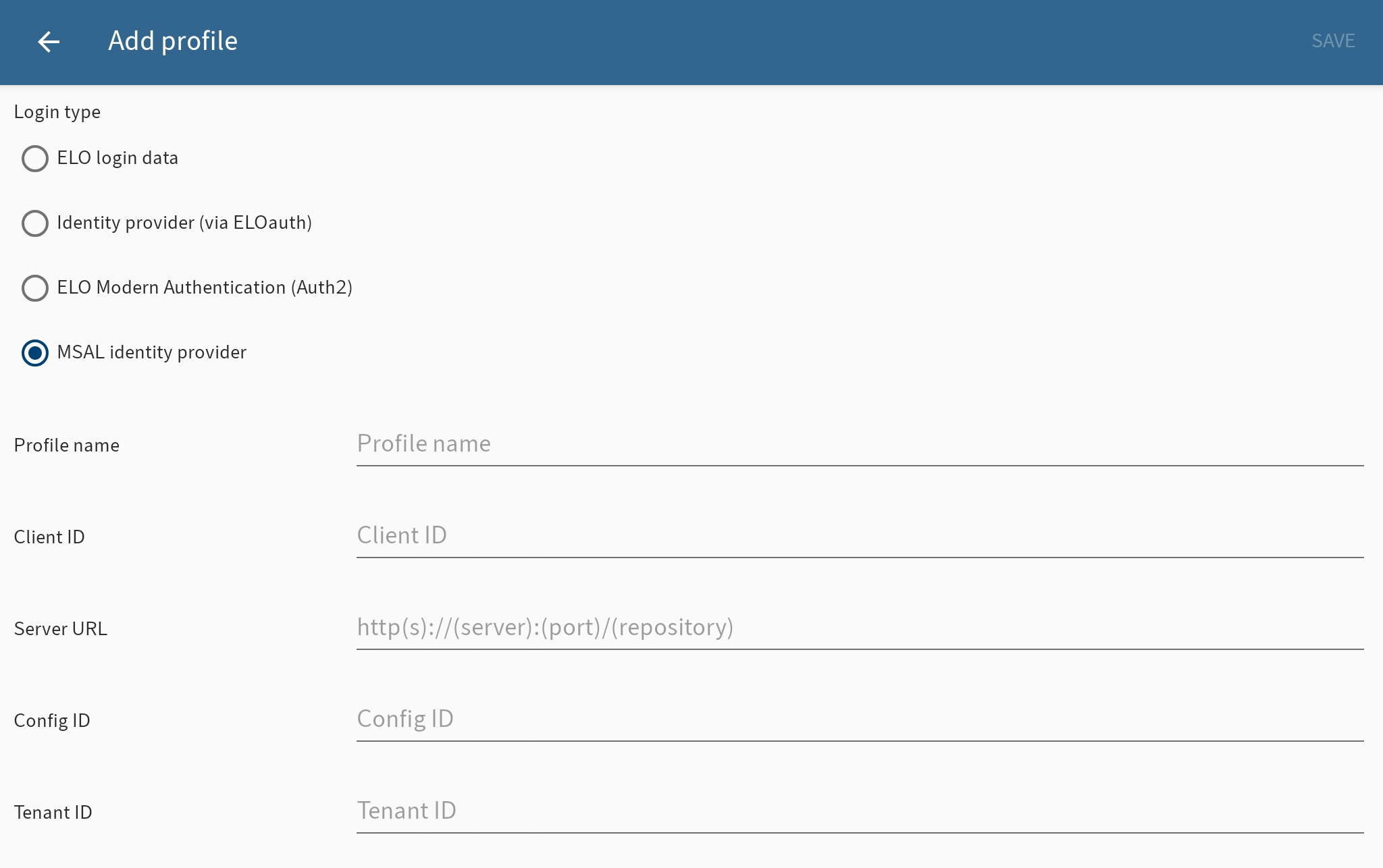 'Add profile' dialog box, MSAL identity provider