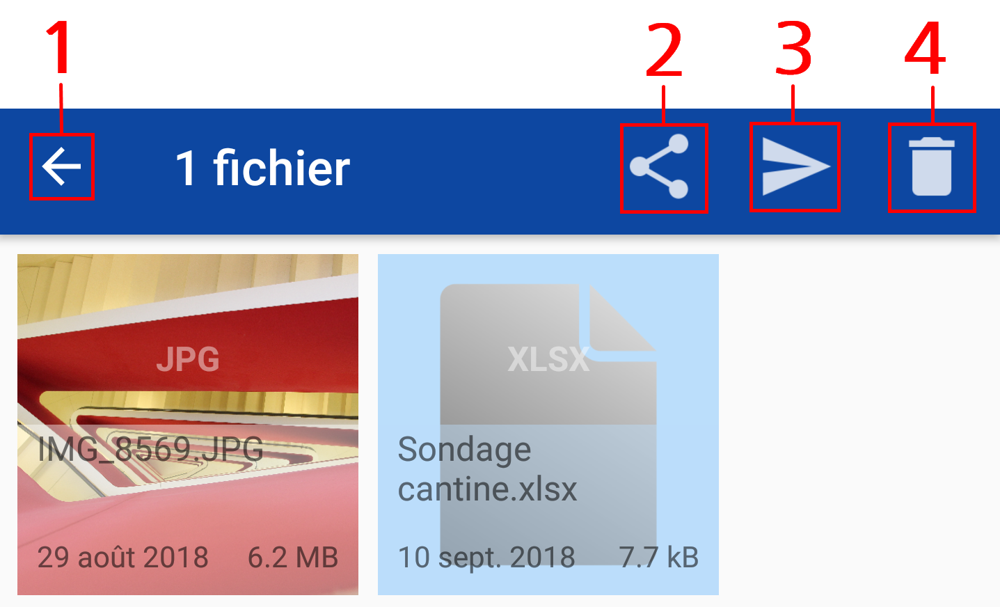 Section 'Boîte d'envoi' avec fichier marqué