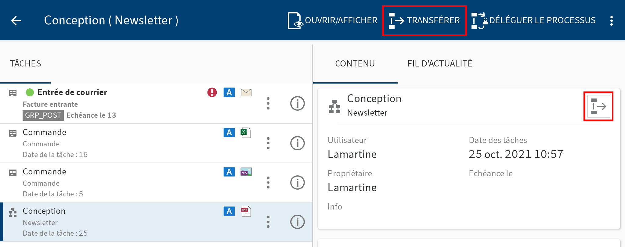 Bouton 'Transférer le processus'