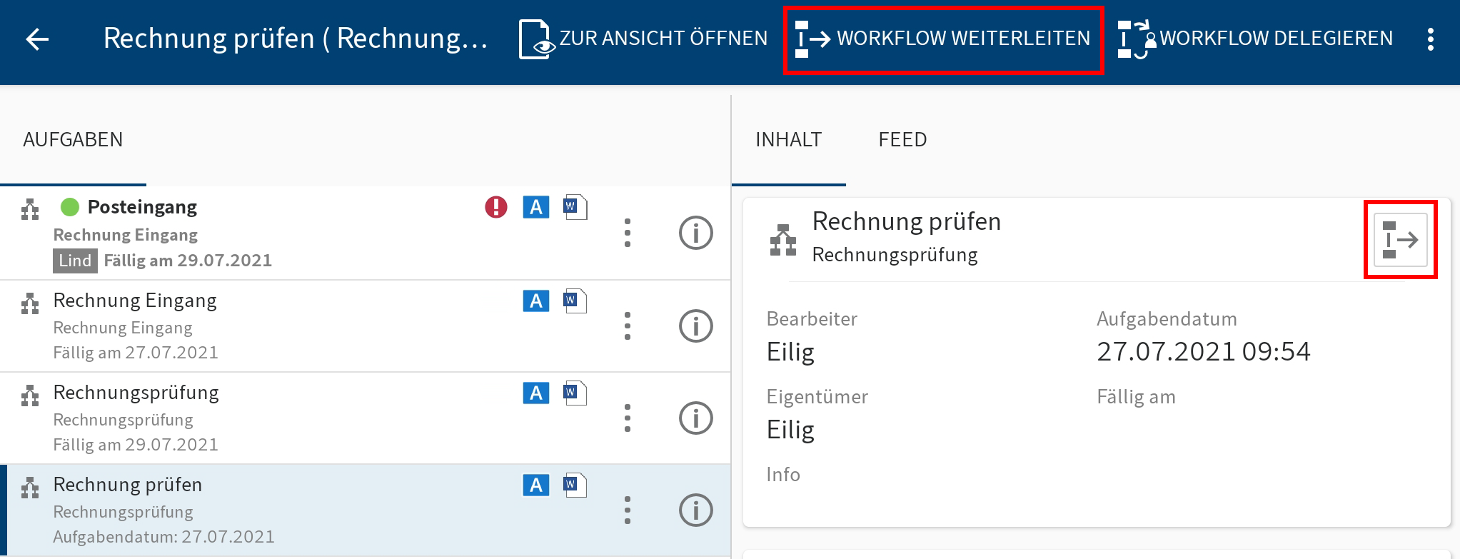 Button 'Workflow weiterleiten'