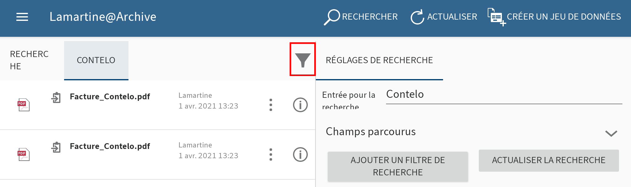 Liste de résultats dans la section 'Recherche' et symbole de filtre