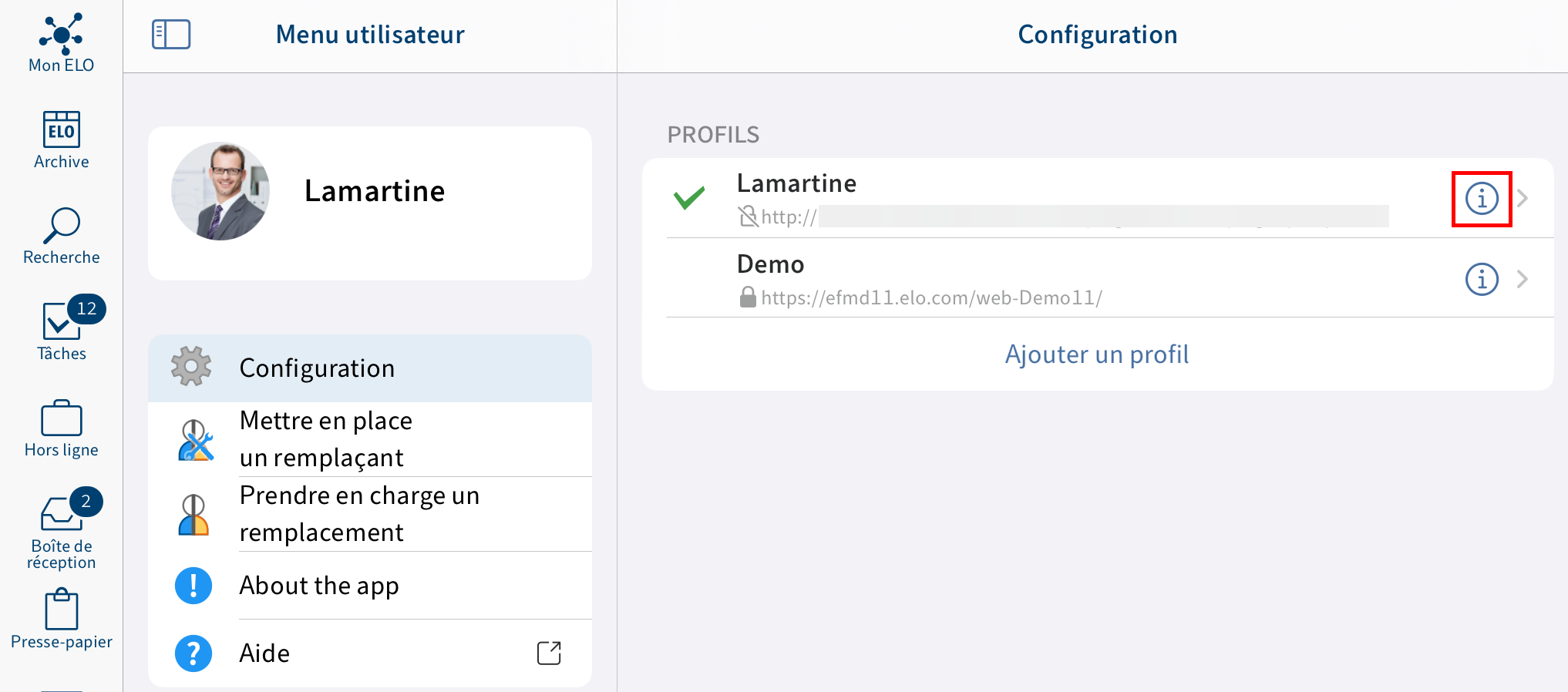 Dialogue 'Configuration', symbole Info