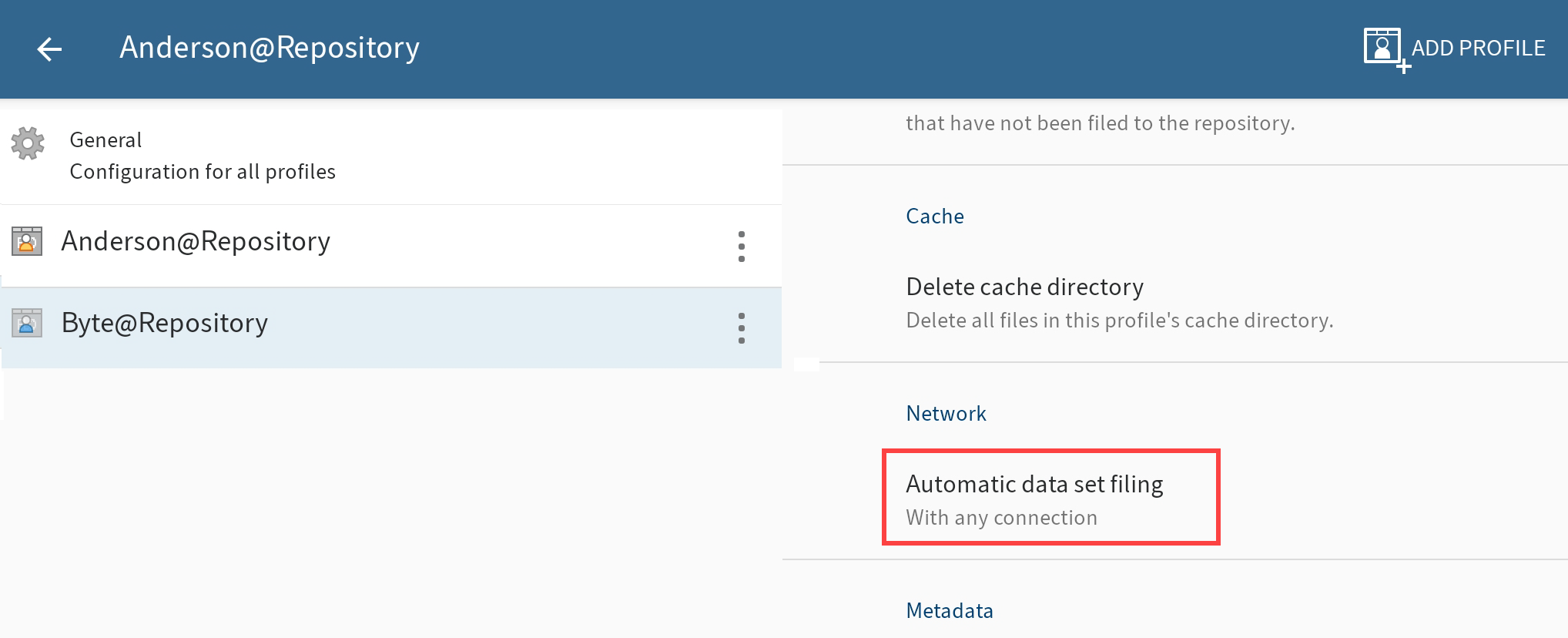 Settings for filing data sets