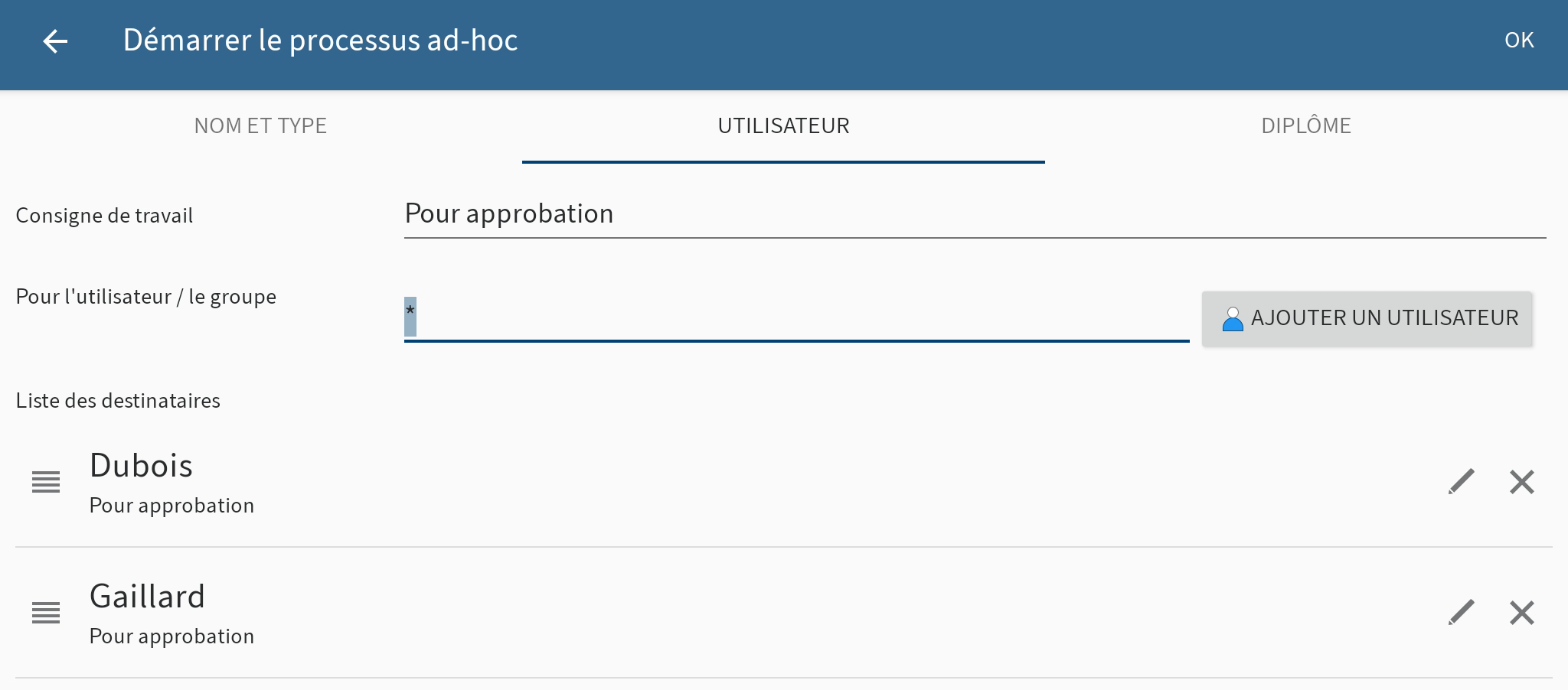 Dialogue 'Démarrer le processus ad hoc', onglet 'UTILISATEUR'