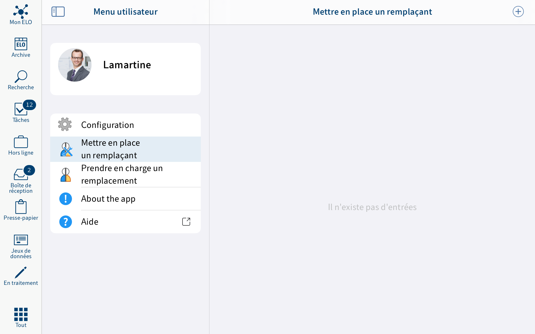 Menu utilisateur, section 'Mettre en place un remplaçant'