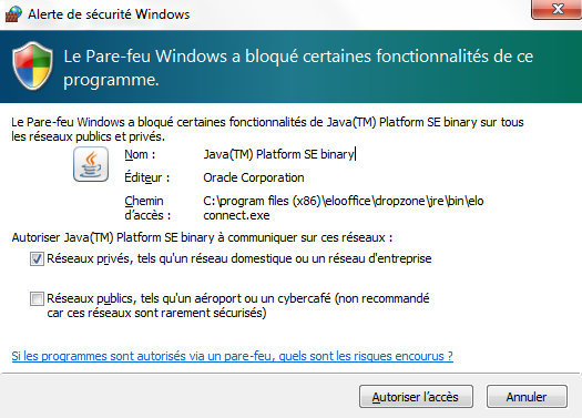 Dialogue 'Remarque de sécurité Windows'